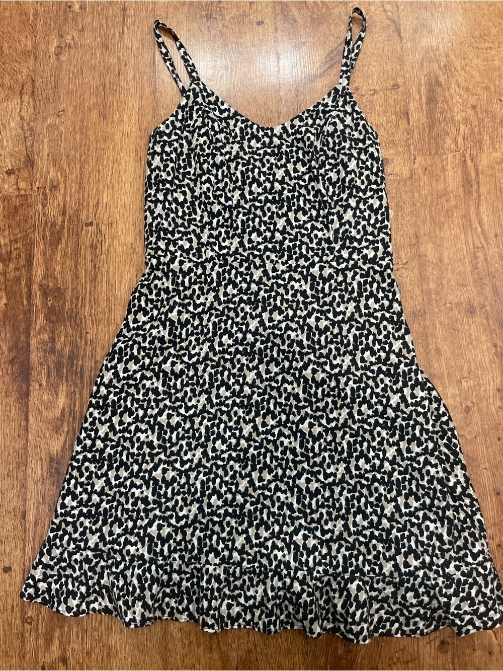 Spaghetti Strap Animal Print Linen Blend Dress in Black and Cream Leopard